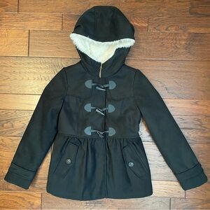 Girls Duffle Faux-Wool WeatherTamer Toggle Front Sz 14-16 Black Hooded Coat EUC